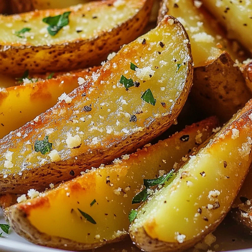 Crispy Garlic Parmesan Potato Wedges served on a plate