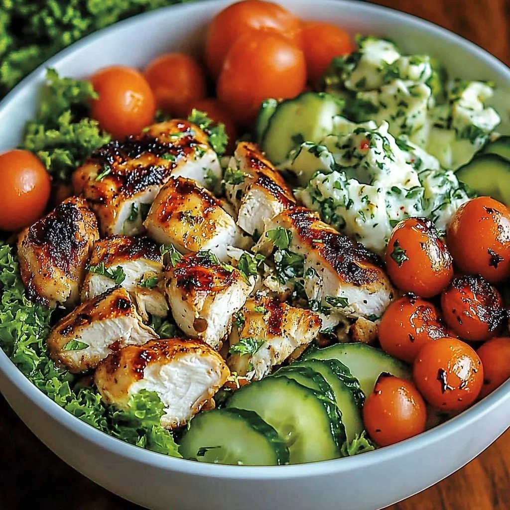 Delicious Greek Chicken Bowl with fresh vegetables and herbs
