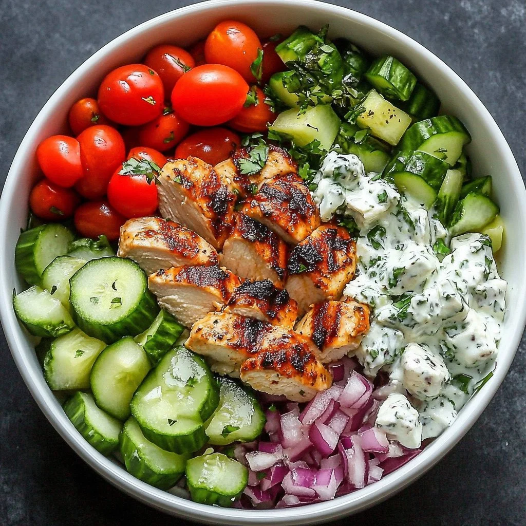 Delicious Greek Chicken Bowls with fresh vegetables and feta cheese