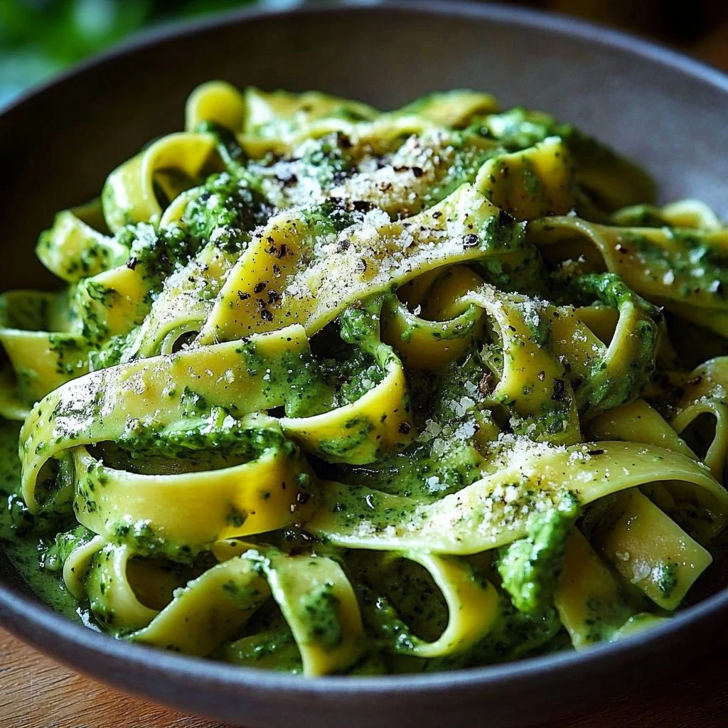 Plate of Green Fettuccine topped with creamy spinach sauce