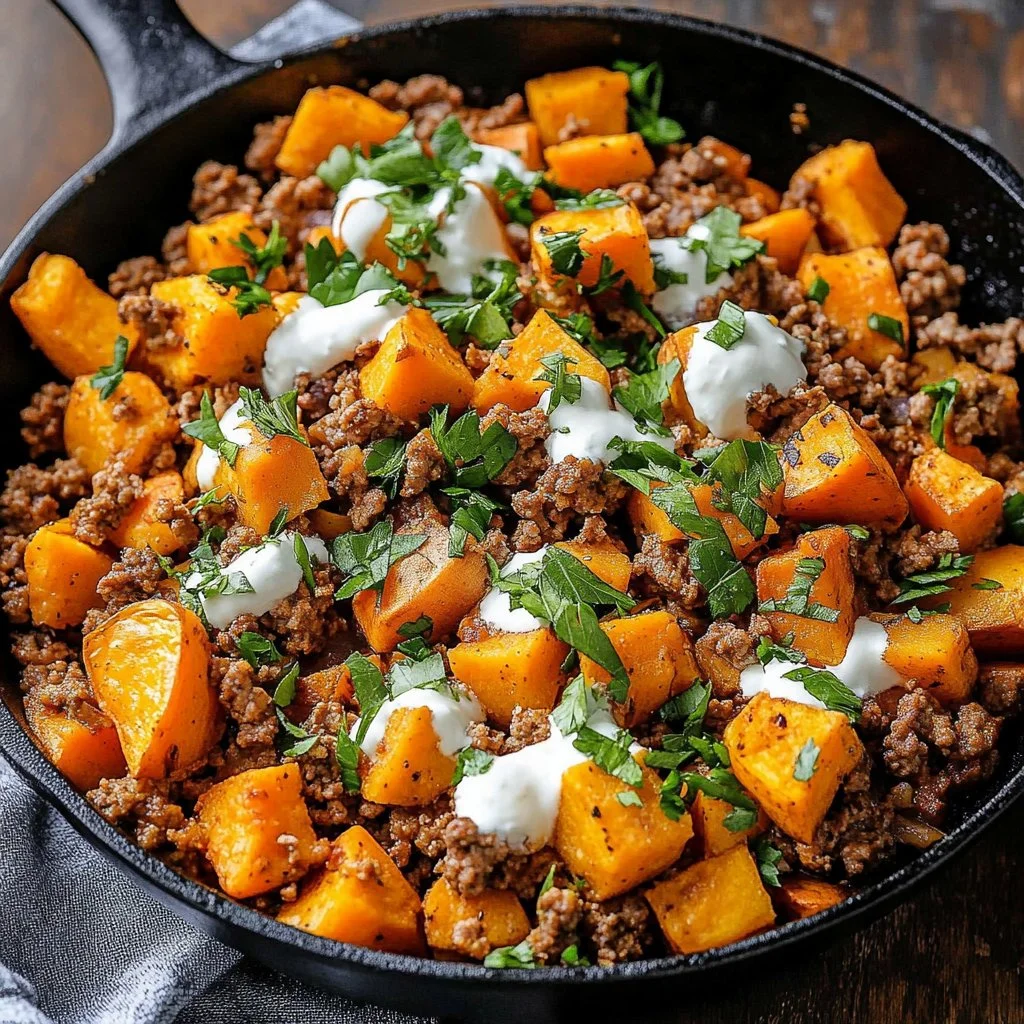 Ground Turkey and Sweet Potato Skillet with vegetables in a pan
