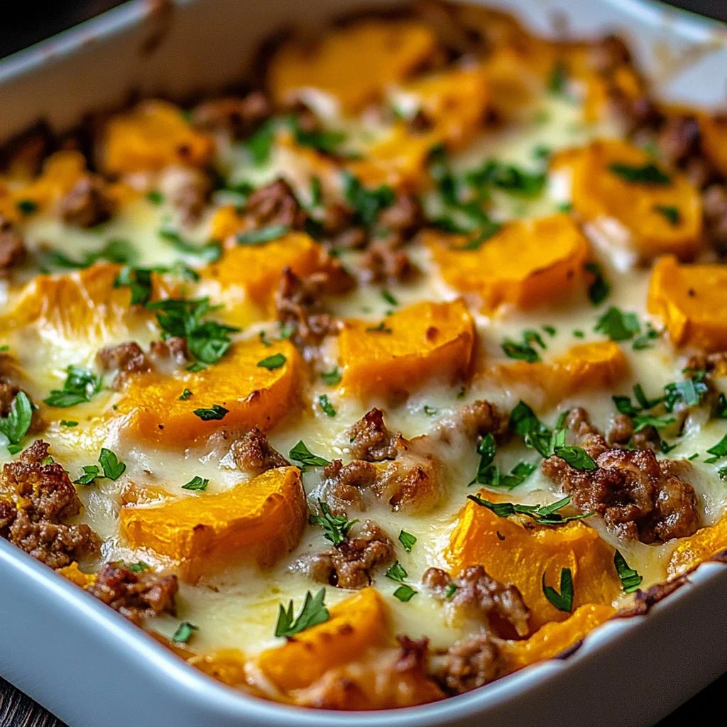 Ground Turkey Sweet Potato Bake dish served in a casserole dish