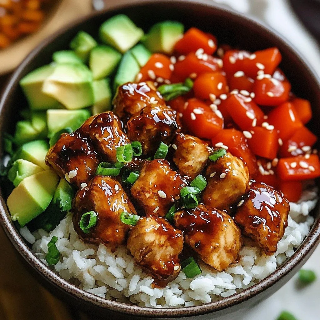 Healthy sticky chicken bowls topped with veggies and rice for a nutritious meal