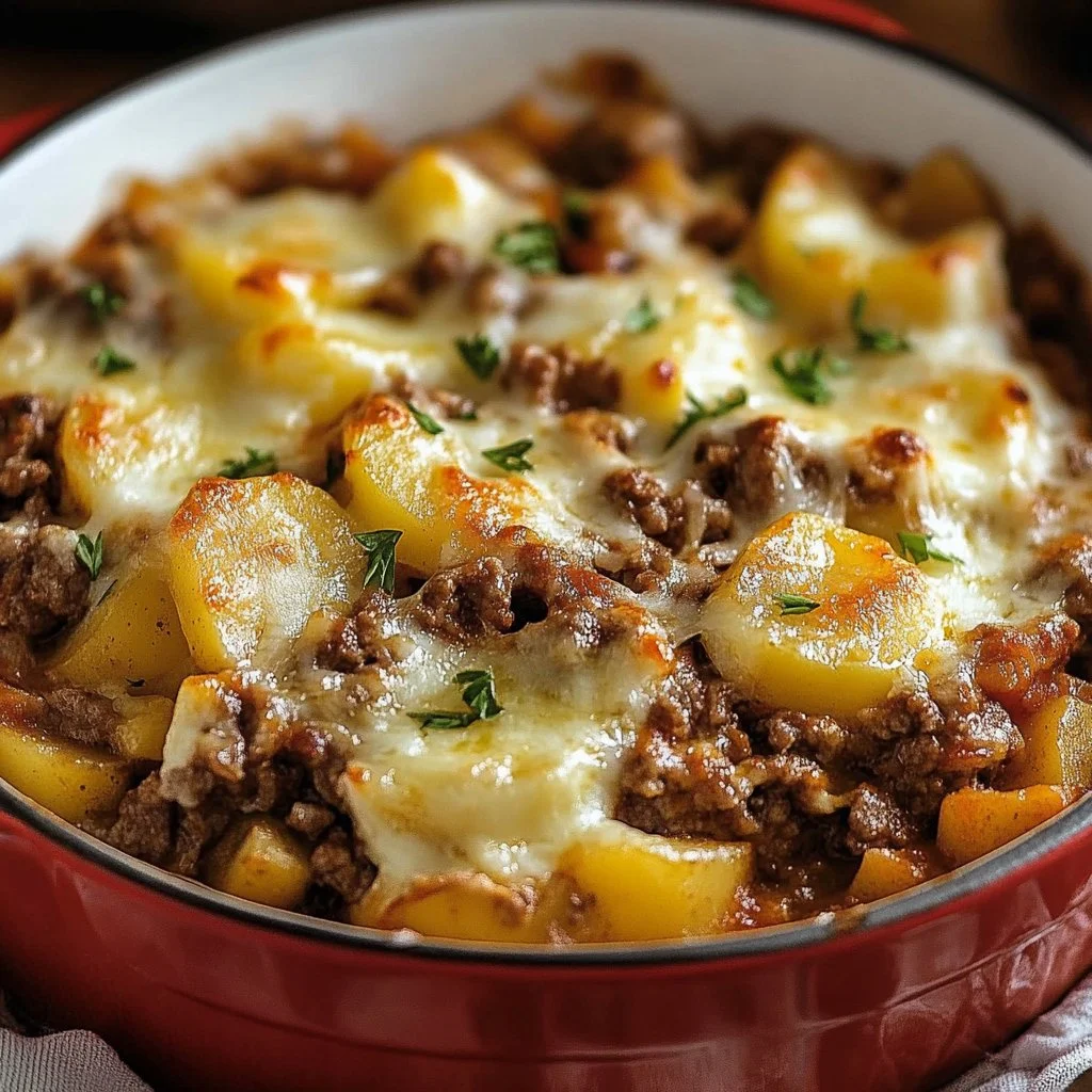 Delicious Hobo Casserole made with ground beef, vegetables, and cheesy topping.