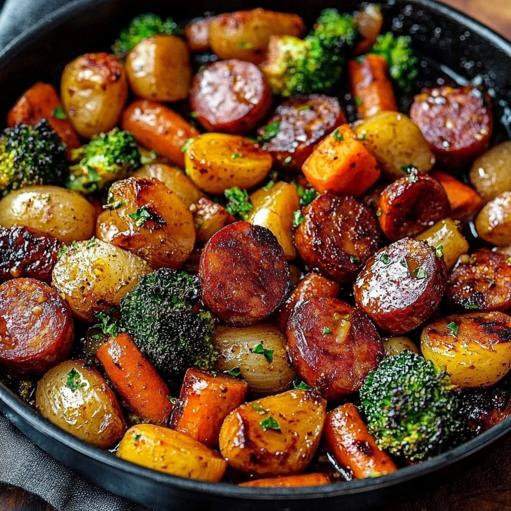 Honey Garlic Kielbasa dish served with colorful vegetables