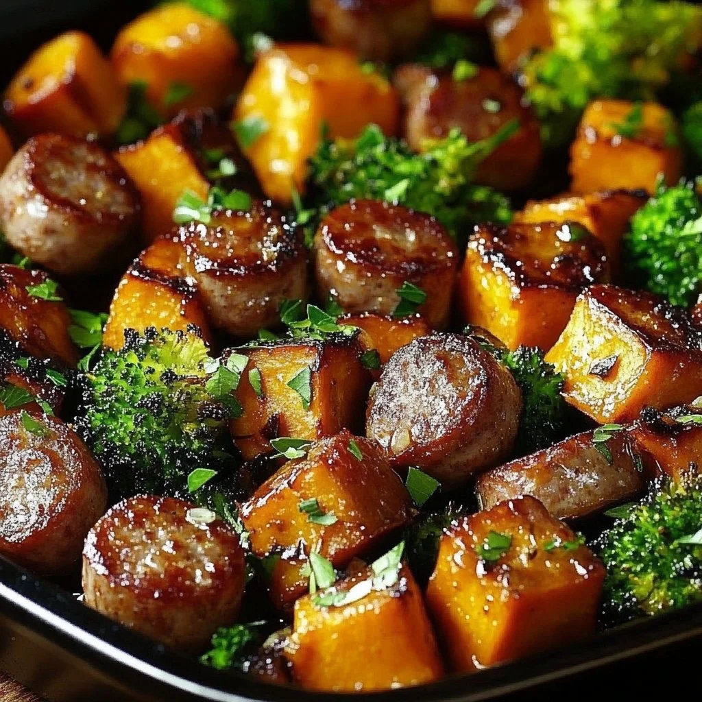 Delicious honey garlic sausage served with roasted sweet potatoes on a plate.