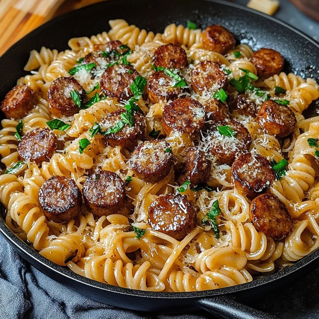 Sticky Honey Garlic Sausage Pasta Skillet