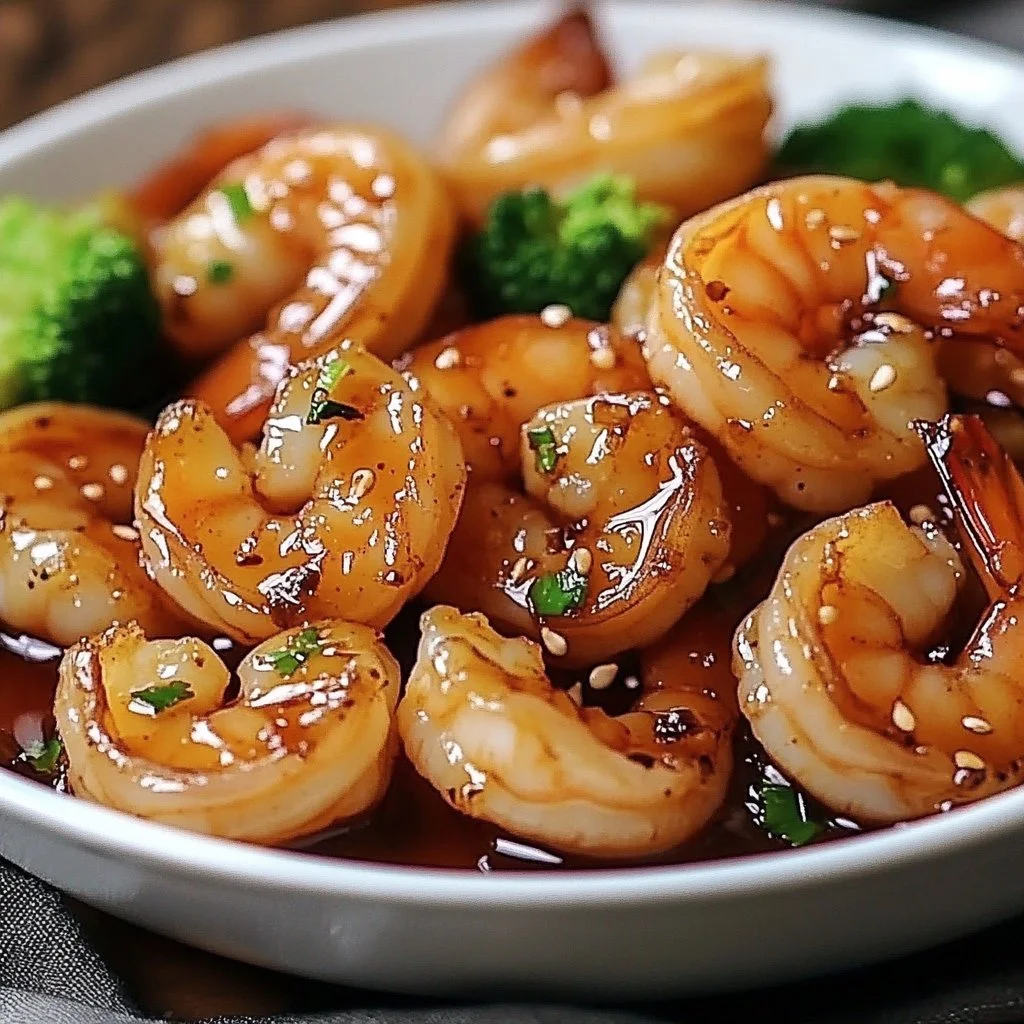 A plate of honey garlic shrimp garnished with green onions and served with rice.
