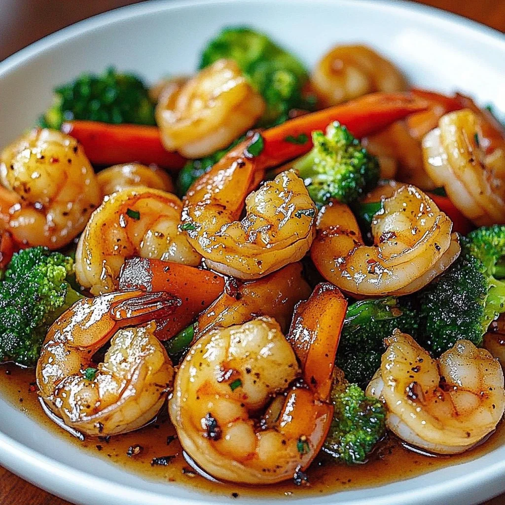 Honey Garlic Shrimp Stirfry with vegetables in a bowl