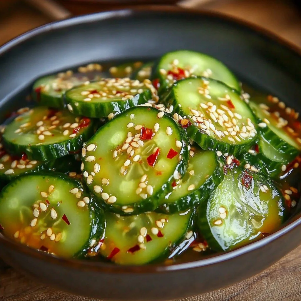 Korean Cucumber Salad with fresh cucumbers, spices, and sesame oil