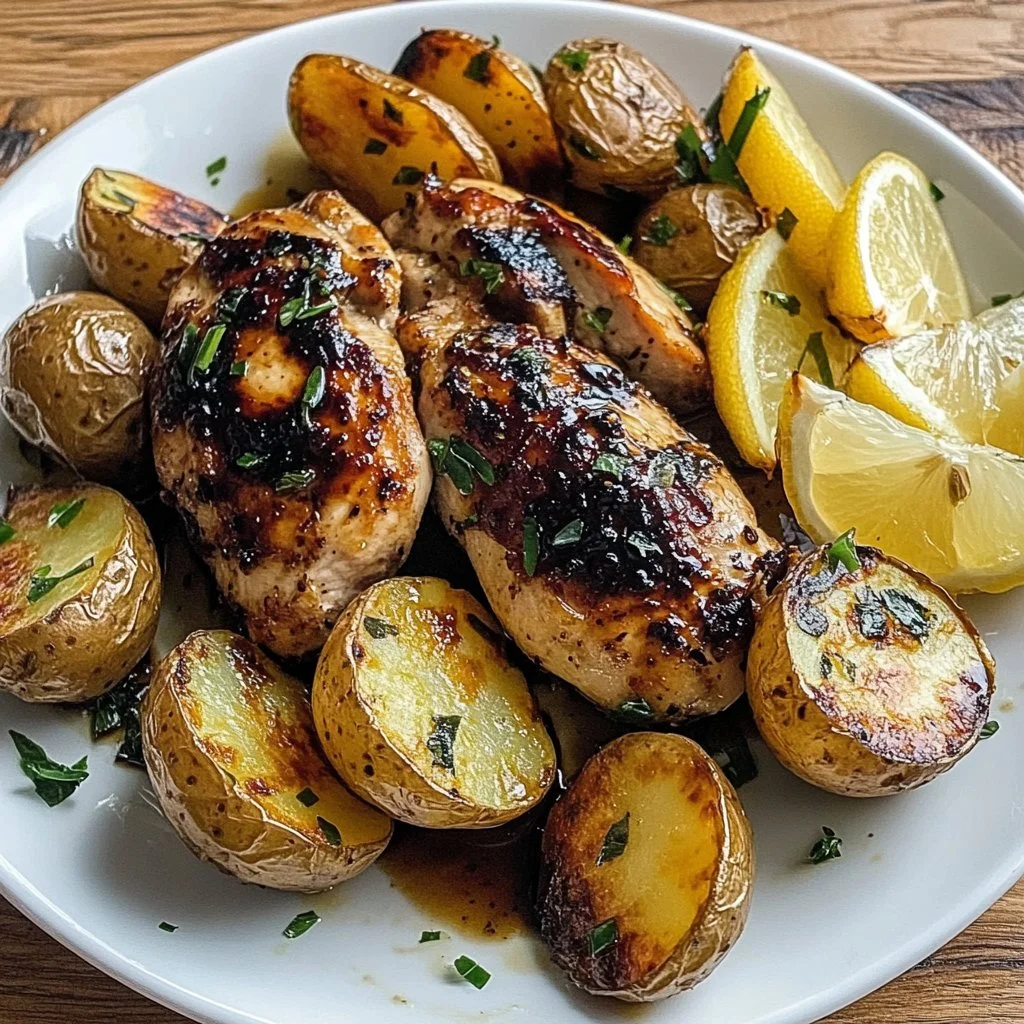 Lemon Balsamic Chicken served with roasted potatoes on a plate
