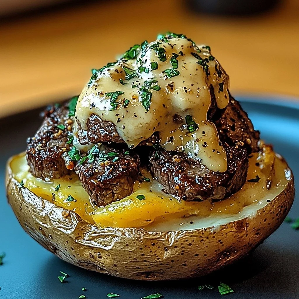 Delicious loaded steak baked potatoes topped with cheese and herbs.