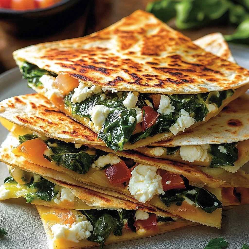 Mediterranean Quesadillas with Spinach on a plate, garnished with herbs