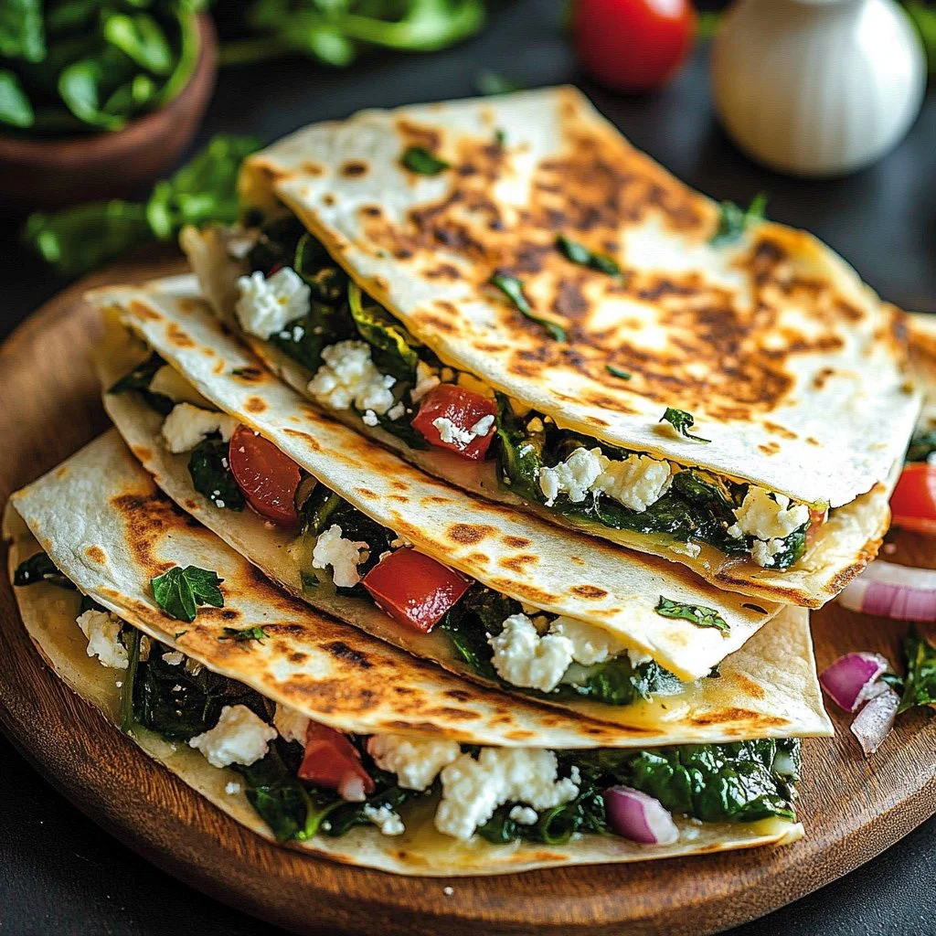 Mediterranean Quesadillas with Spinach, Feta, Mozzarella, and Red Onion