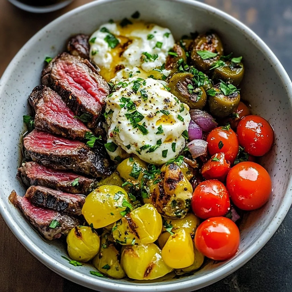 Mediterranean steak bowl with fresh vegetables and grains