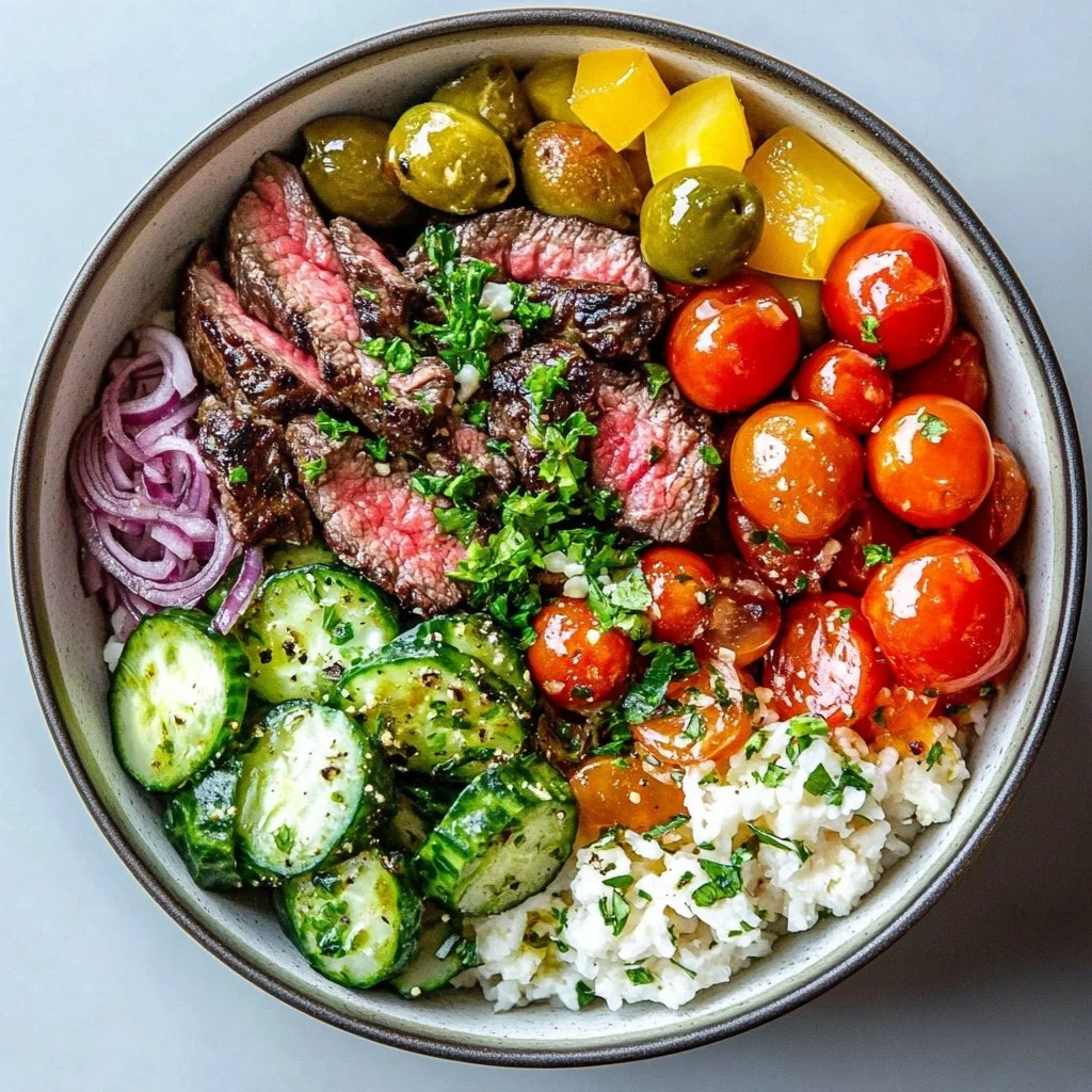 Mediterranean Steak Bowl with marinated steak and fresh vegetables