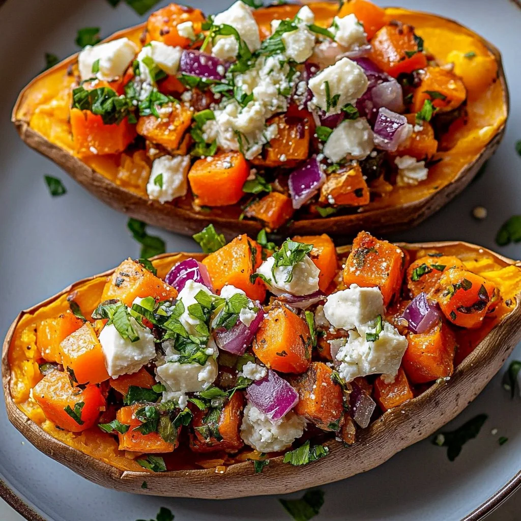 Mediterranean stuffed sweet potatoes garnished with herbs and feta cheese