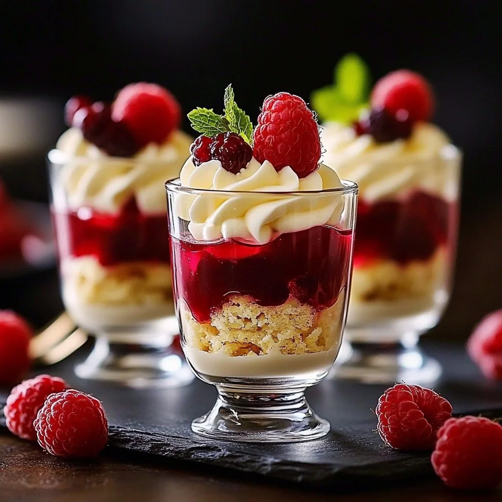 Mini trifles layered with fresh fruits and cream in clear dessert cups