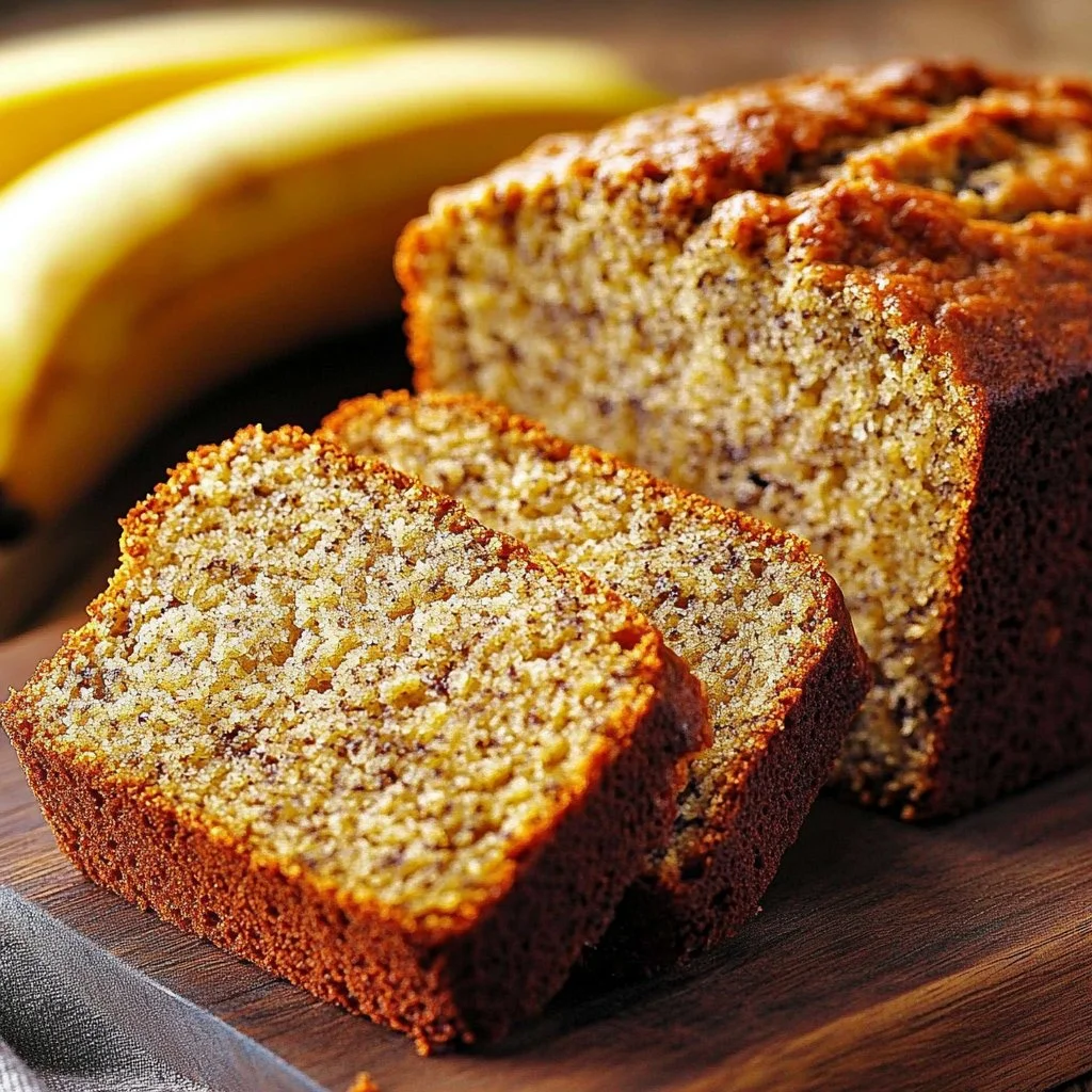 Sliced old fashioned banana bread with walnuts on a wooden table