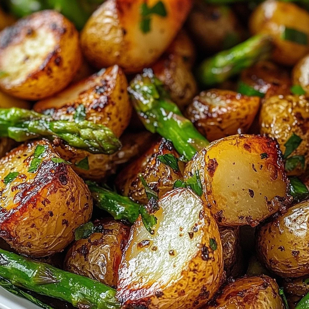 Delicious one-pan garlic potatoes and asparagus dish garnished with herbs