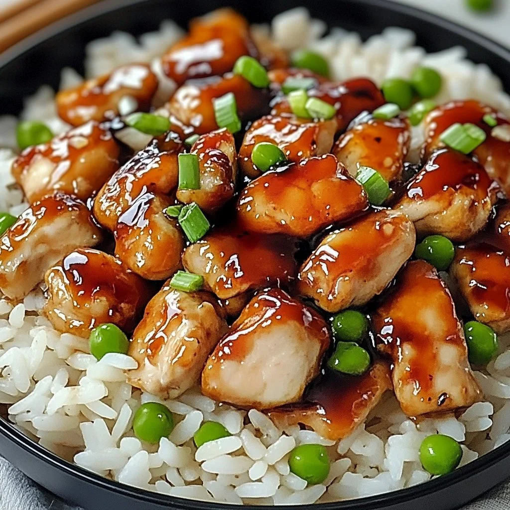 One-Pan Honey BBQ Chicken Rice drizzled with sauce on a rustic table