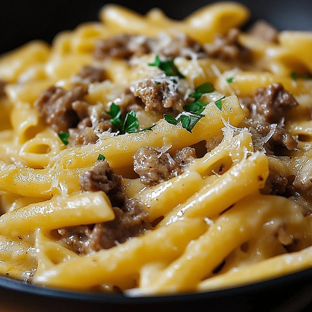 One-Pot Creamy Beef and Butter Pasta served in a bowl
