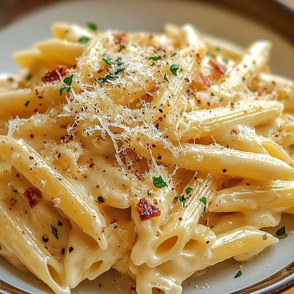 Delicious One Pot Creamy Garlic Pasta served in a bowl with garlic and herbs
