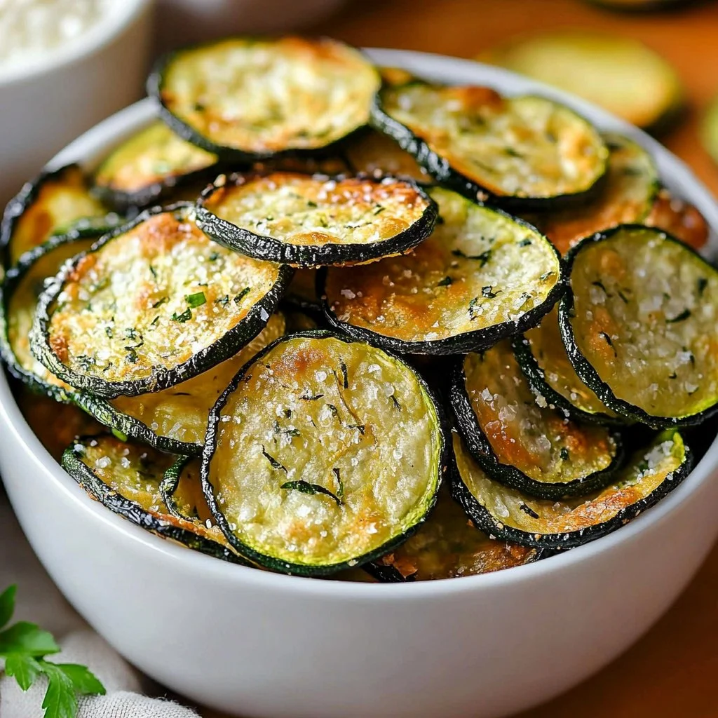 Oven-baked zucchini chips on a plate, a healthy snack option.