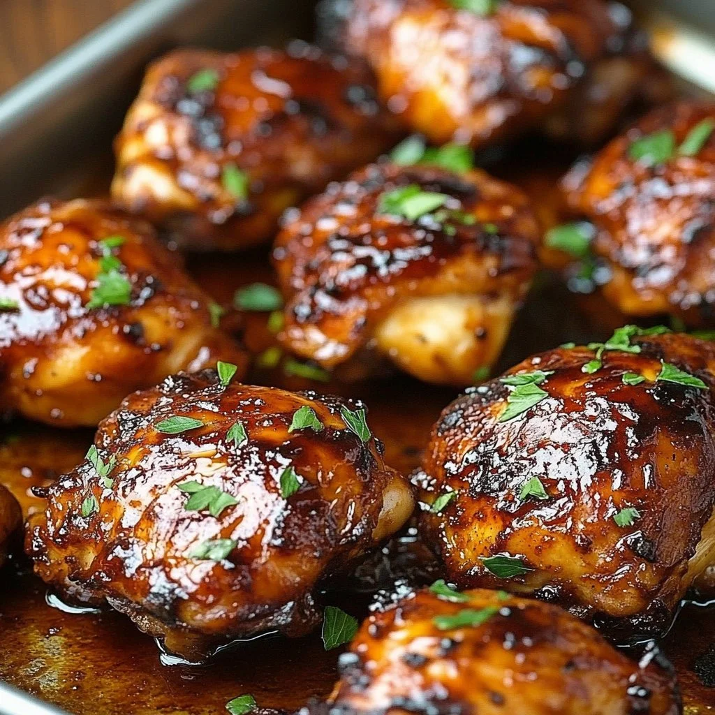 Juicy oven barbecue chicken thighs served on a plate with garnishes