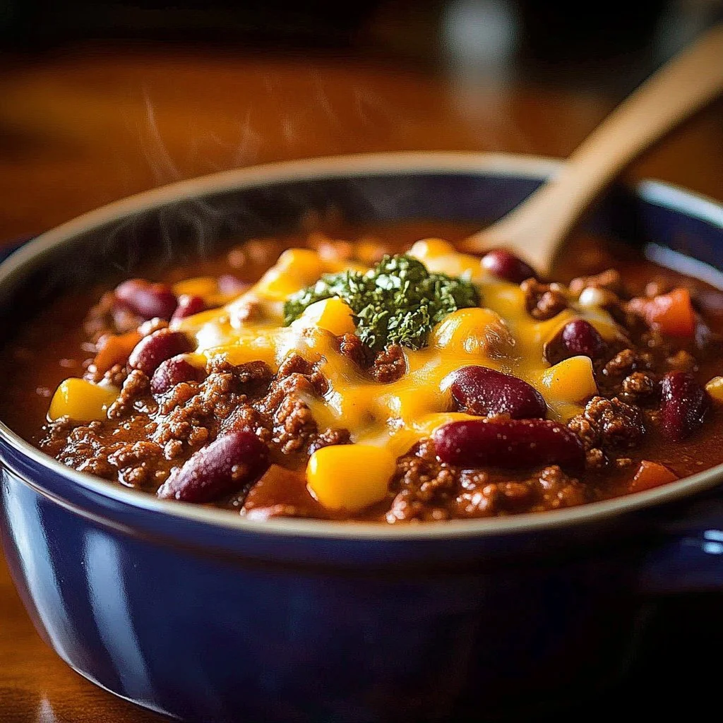 A hearty bowl of Pioneer Woman Chili topped with cheese and cilantro.