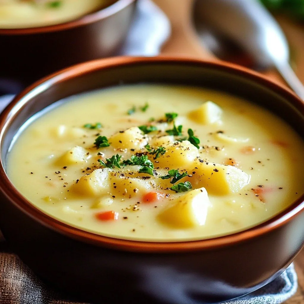 Delicious bowl of Pioneer Woman potato soup garnished with herbs