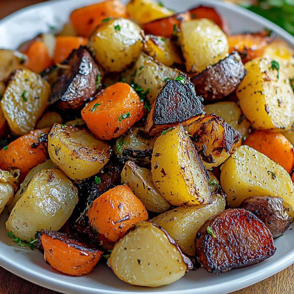 Bowl of colorful roasted root vegetables including carrots, potatoes, and beets.