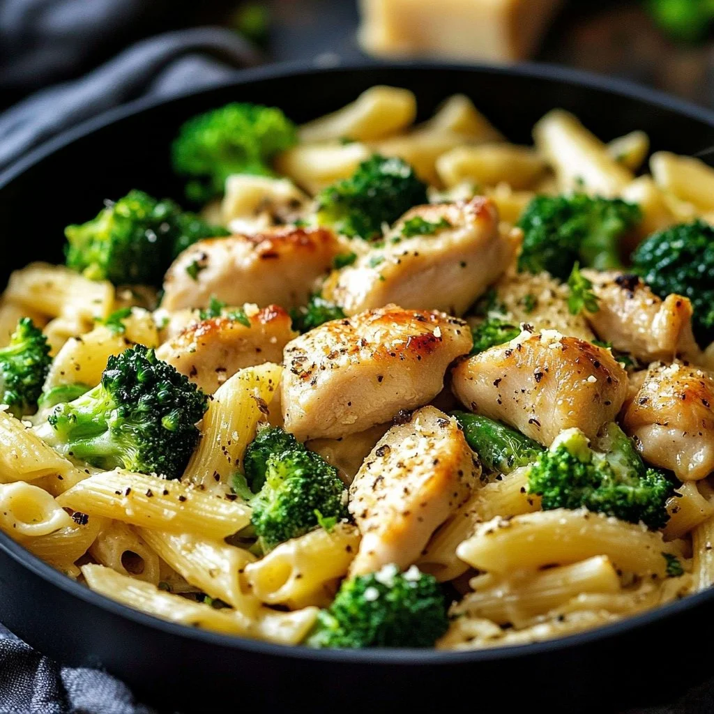 Rotisserie Chicken Broccoli Pasta dish served in a bowl.