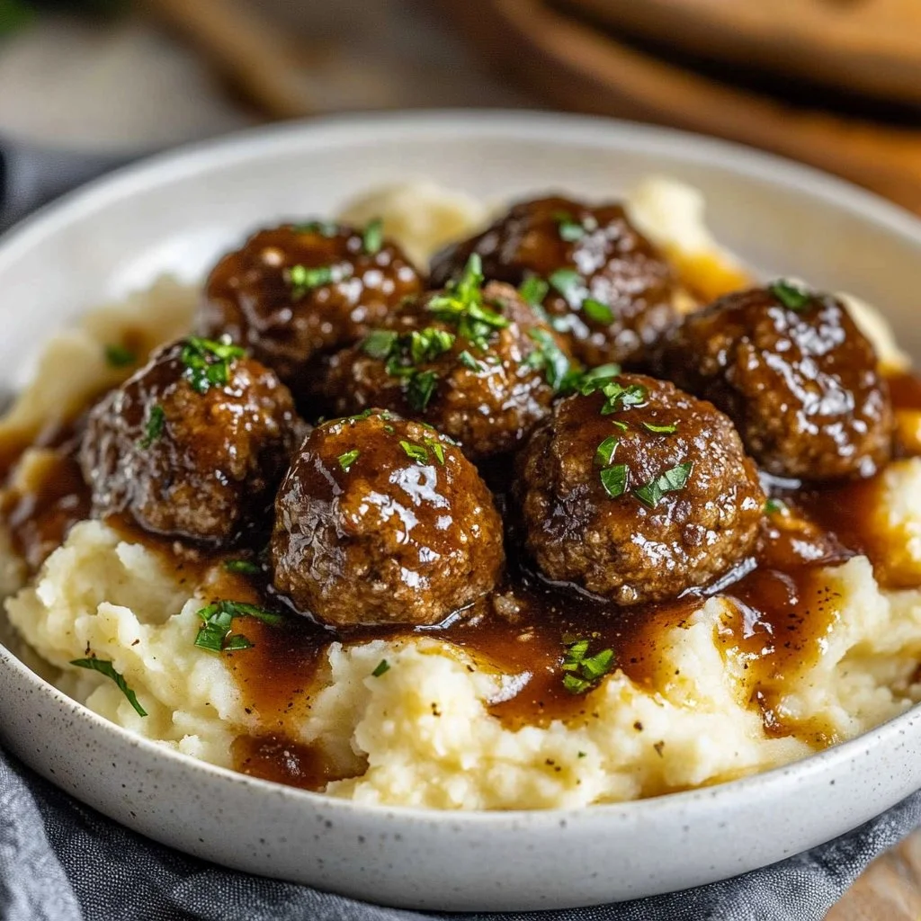 Salisbury Steak Meatballs with Garlic Herb Mashed Potatoes