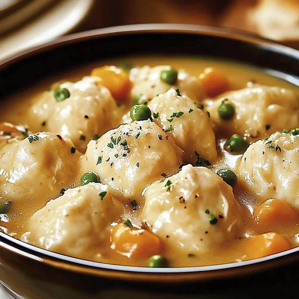Bowl of Slow Cooker Chicken and Dumplings garnished with parsley