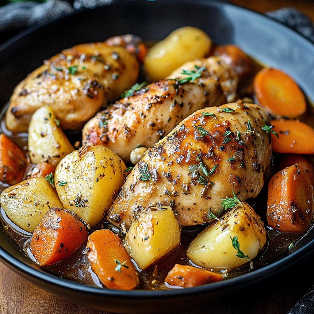 Slow Cooker Garlic Butter Chicken served with herbs and sides