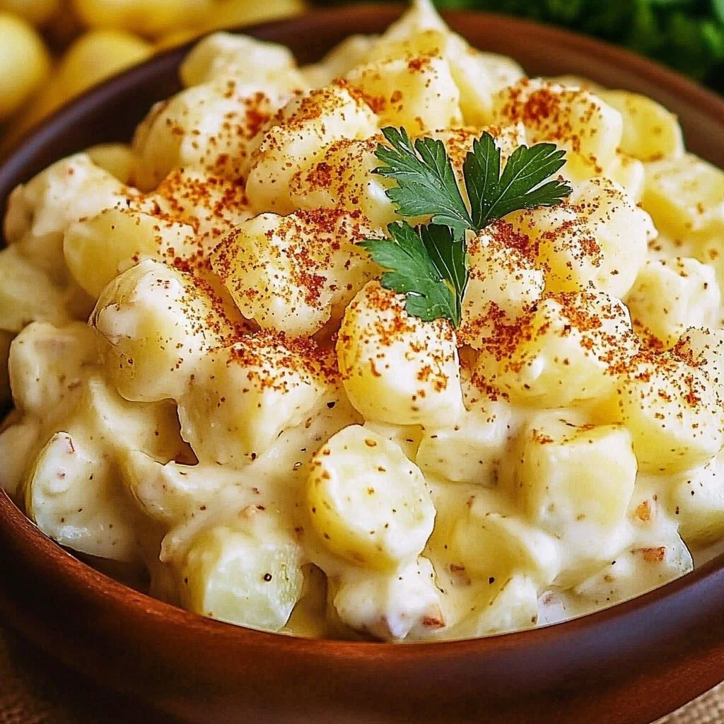 Delicious Southern Potato Salad served in a bowl with herbs and spices.
