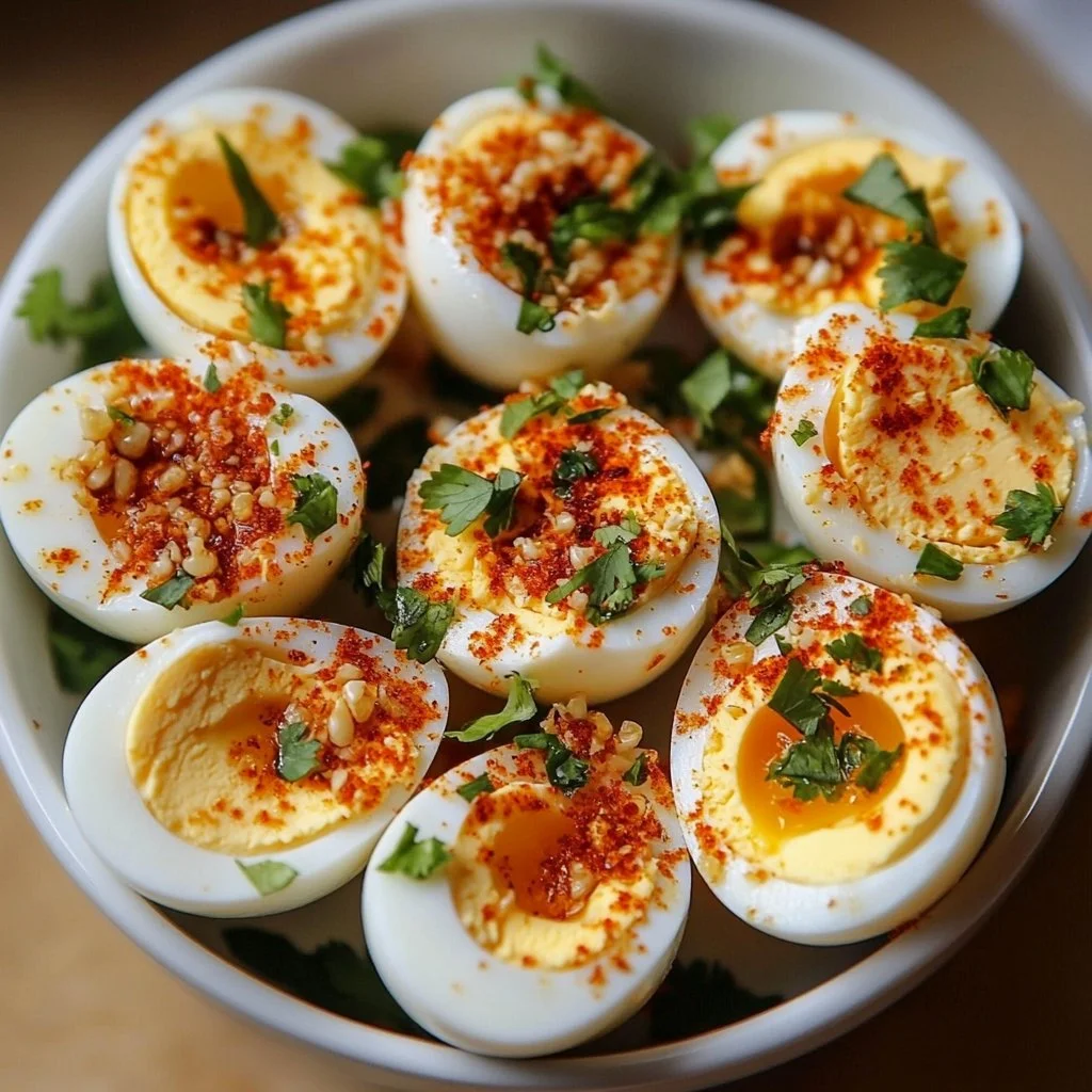 Spicy chili garlic deviled eggs garnished with herbs and spices