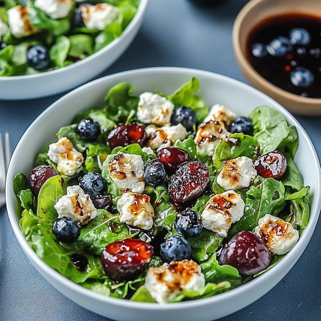 Spring salad with goat cheese and vinaigrette ingredients in a bowl
