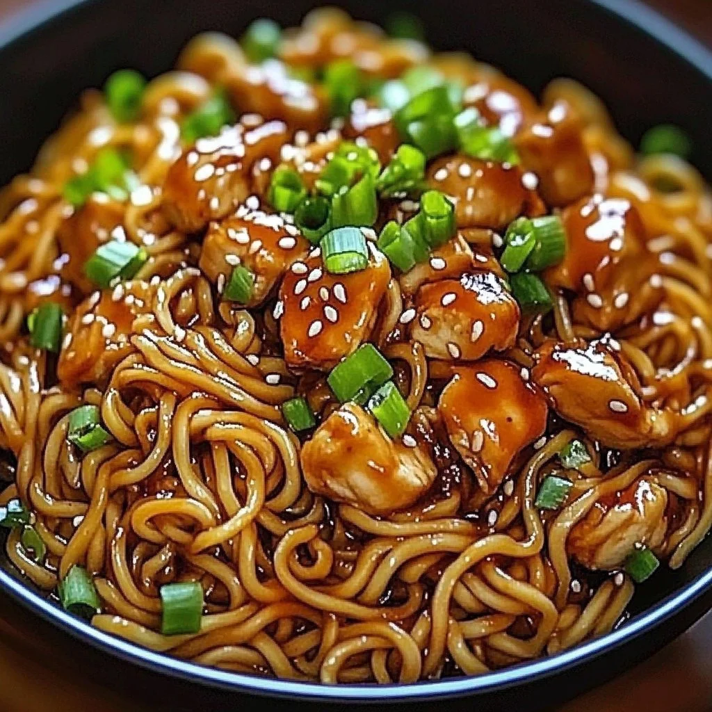 Sticky garlic chicken noodles in a bowl garnished with green onions