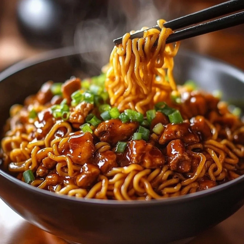 Sticky Garlic Chicken Noodles with a savory sauce and crispy vegetables