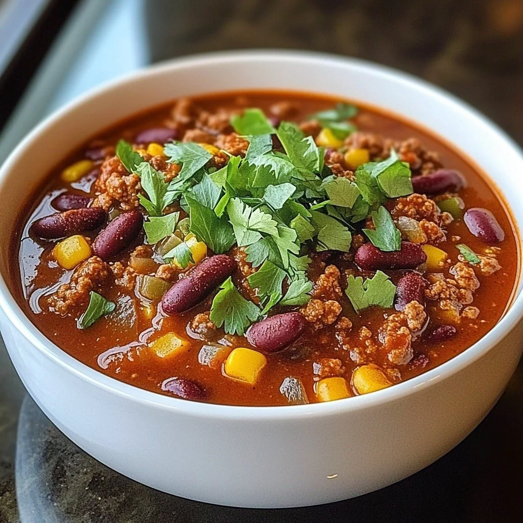Bowl of hearty stovetop chili with beans and peppers
