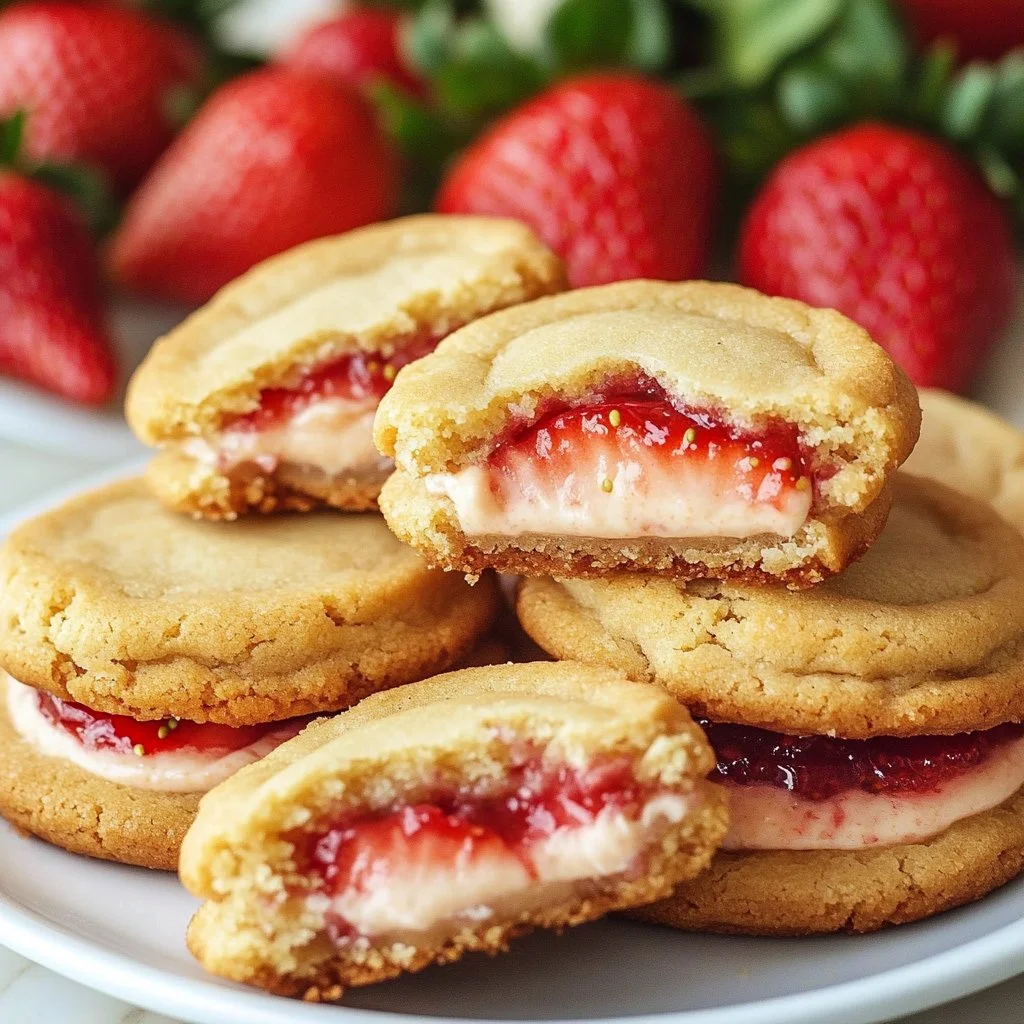 Strawberry Cheesecake Cookies topped with fresh strawberries and cream