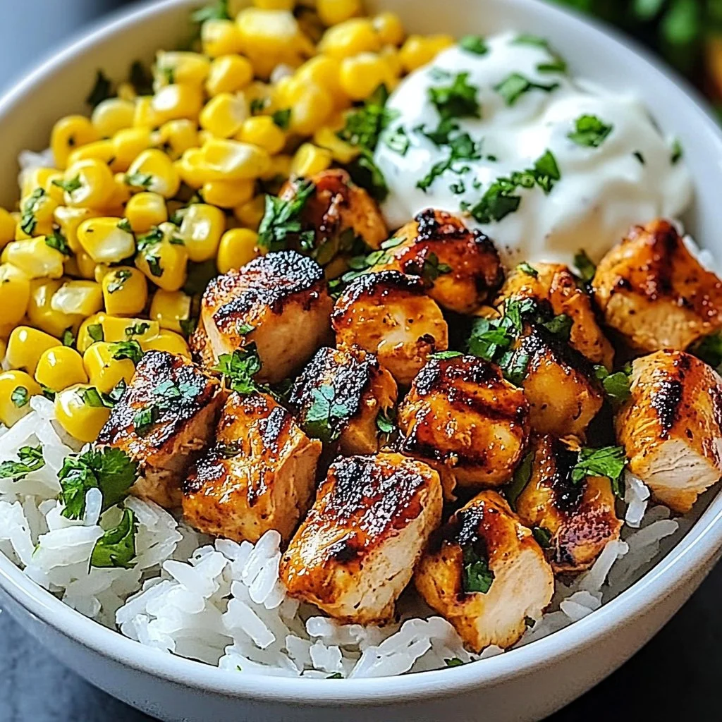 Delicious Street Corn Chicken Rice Bowl with grilled chicken and fresh toppings