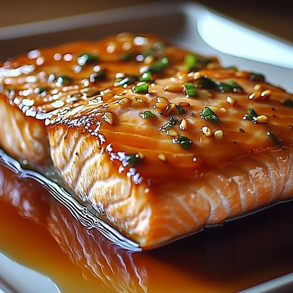 Plate of sweet and savory glazed salmon with fresh herbs and lemon garnish