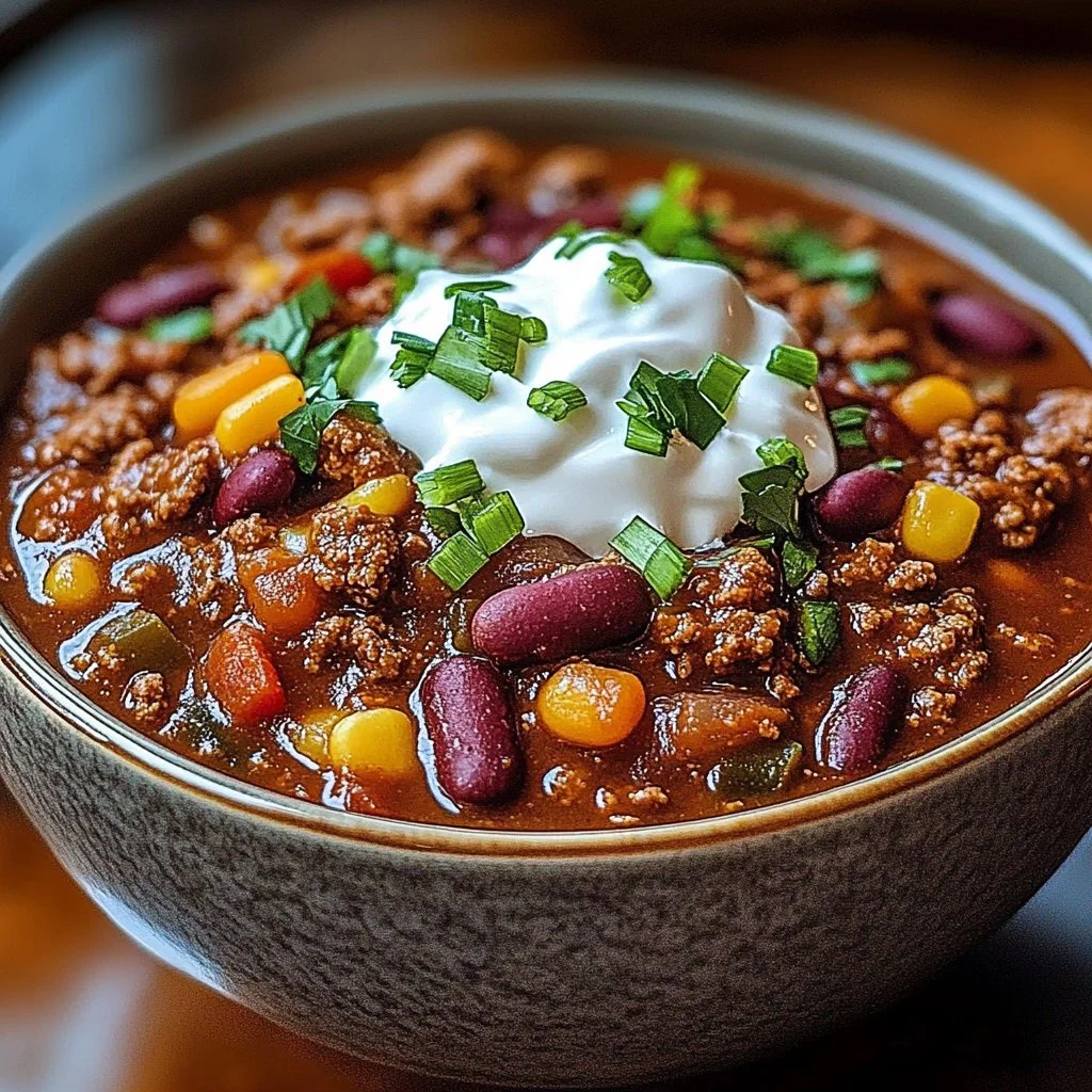 The Pioneer Woman's hearty chili served in a bowl with toppings.