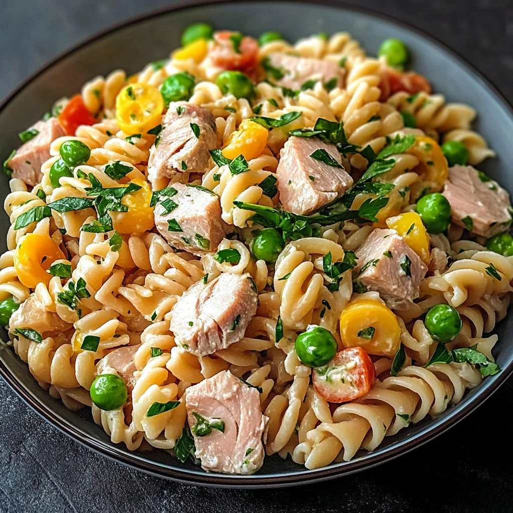 Bowl of Tuna Pasta Salad with fresh vegetables and dressing