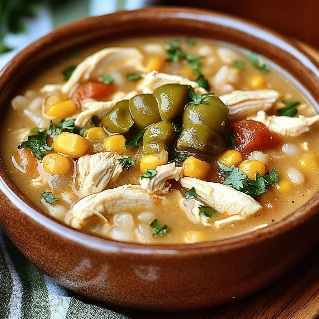 Bowl of White Chicken Chili topped with fresh cilantro and jalapeños