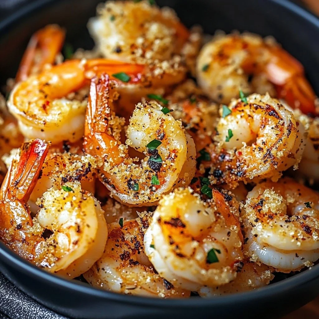 Plate of air fryer garlic parmesan shrimp with herbs and lemon garnish.