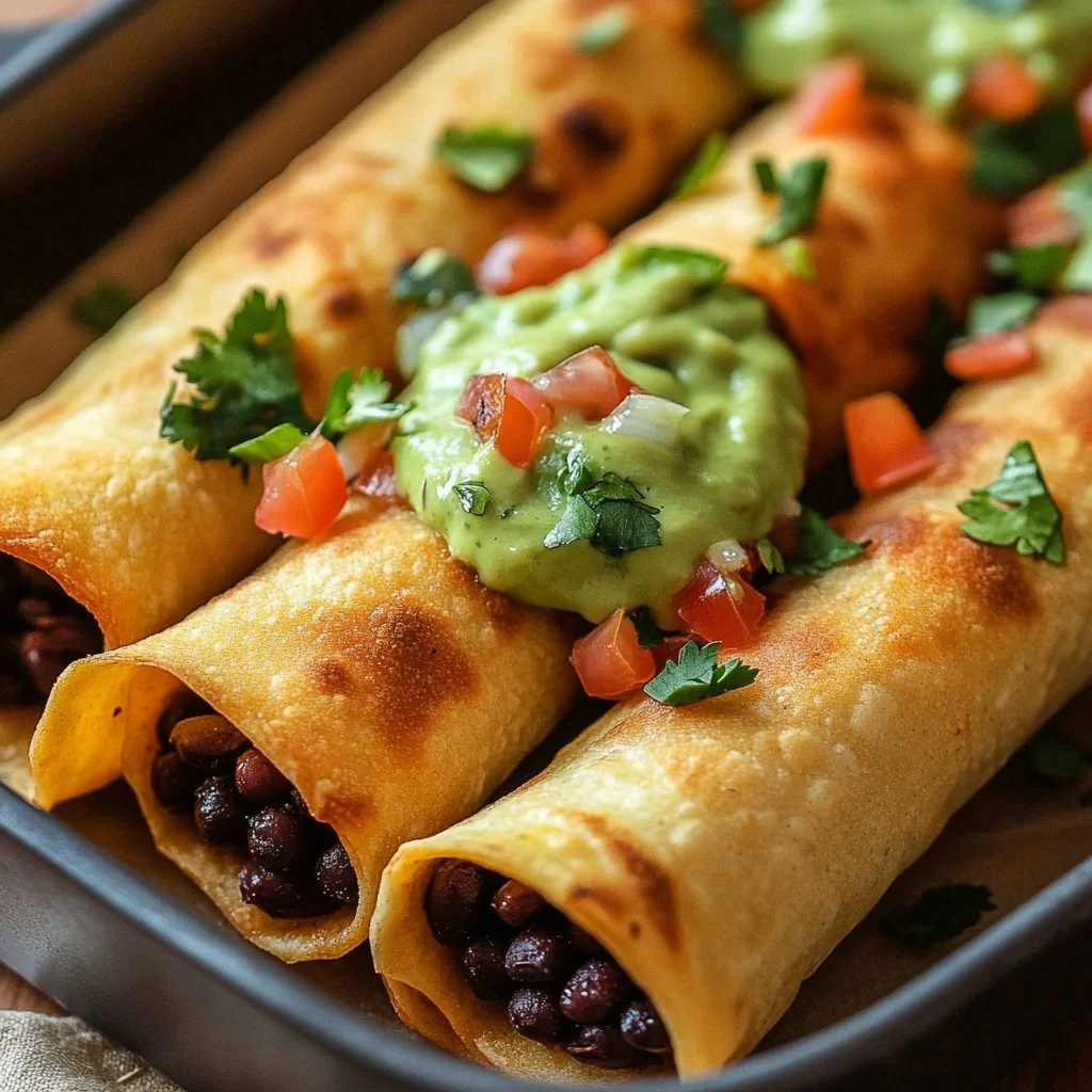 Baked black bean taquitos served on a plate with salsa and guacamole